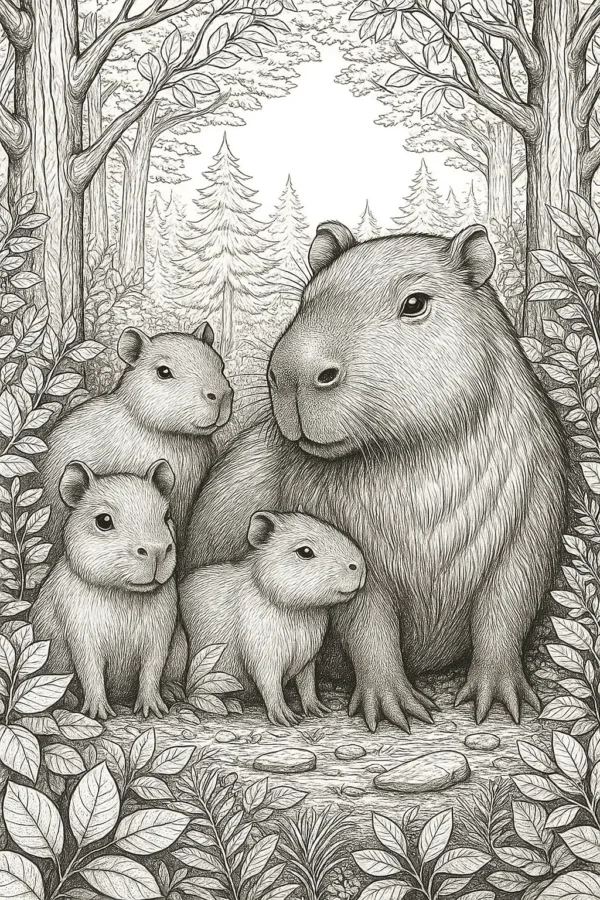 Kapibara Ailesi Ormanda – A4 Pdf hayvan boyama sayfası indir ve yazdır