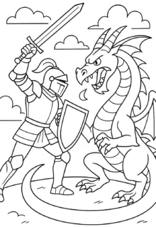Şövalye ve Ejderha Boyama Sayfası — PDF indir, yazdır ve boya Şövalye ve Ejderha Boyama Sayfaları — macera sahnesi boyama resimleri