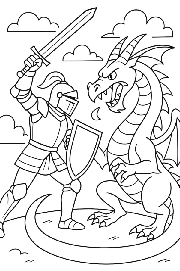 Şövalye ve Ejderha Boyama Sayfaları — macera sahnesi boyama resimleri