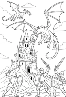 Kale ve Ejderha Savaşı Boyama Sayfaları — detaylı fantastik boyama resimleri