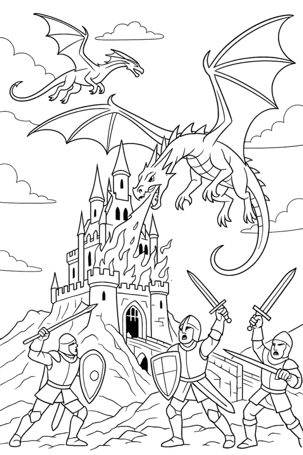 Kale ve Ejderha Savaşı Boyama Sayfaları — detaylı fantastik boyama resimleri