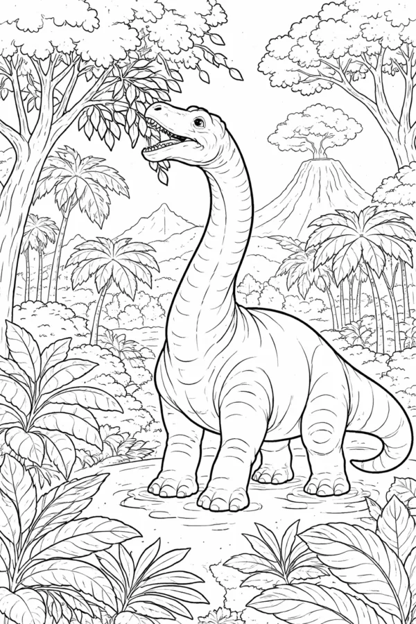 Ormanda yaprak yiyen uzun boyunlu dinozor boyama sayfası