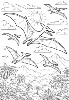 Gökyüzünde uçan pterozorlar ve doğa manzaralı dinozor boyama sayfası