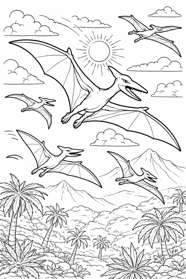Gökyüzünde uçan pterozorlar ve doğa manzaralı dinozor boyama sayfası