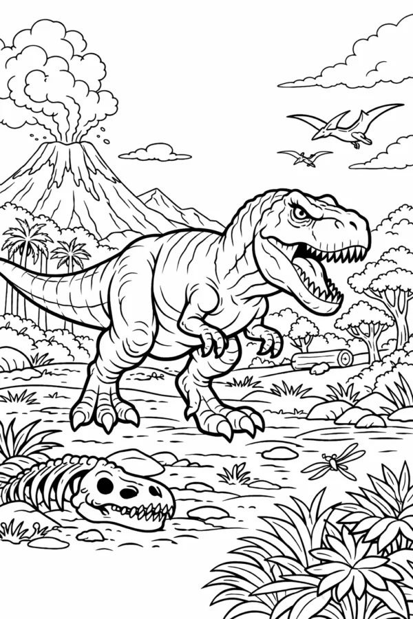 Doğa manzarasında T-Rex dinozor boyama sayfası