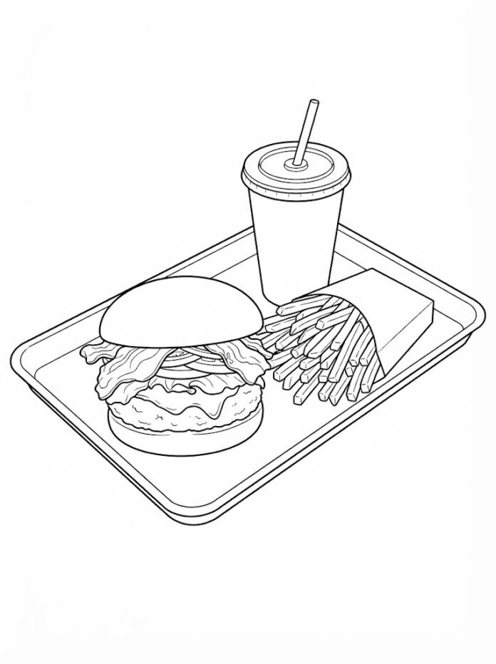 Tepside Patates Kızartması ve İçecekli Burger Boyama Sayfası – Ücretsiz Boyama Resmi