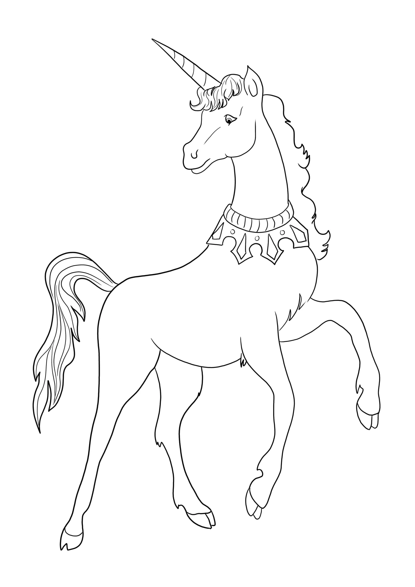 Kolyeli asil unicorn boyama sayfası — çocuklar için ücretsiz çizim