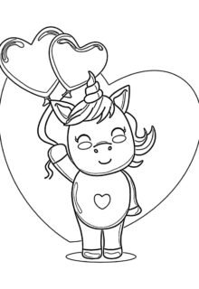 Kalpli balon tutan unicorn boyama sayfası — çocuklar için ücretsiz çizim