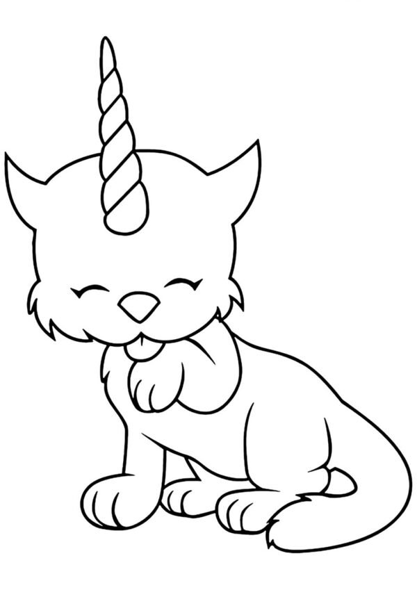 Sevimli unicorn kedi boyama sayfası — çocuklar için ücretsiz çizim