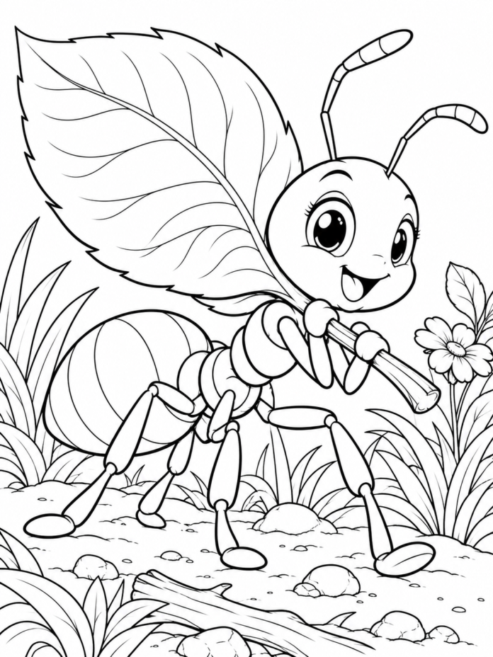Ant with Leaf Coloring Page – Free Printable Coloring Page