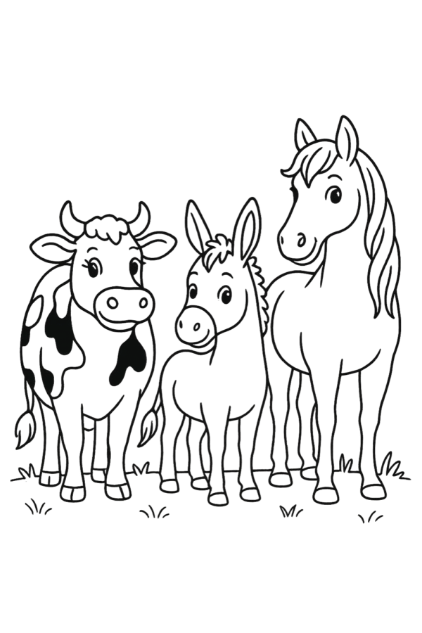 Çiftlik Hayvanları Boyama Sayfaları — inek, eşek ve at boyama resimleri