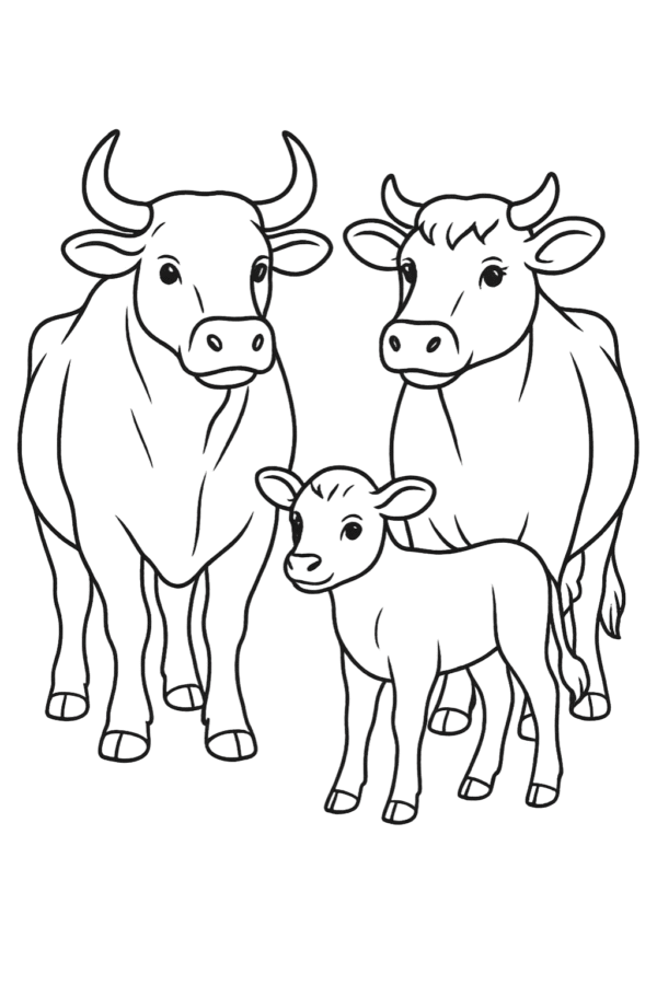 İnek, Boğa ve Buzağı Boyama Sayfası — PDF indir, yazdır ve boya