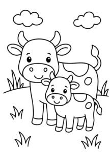 2–3 Yaş Çocuklar İçin İnek ve Buzağı Boyama Sayfası — PDF indir, yazdır ve boya