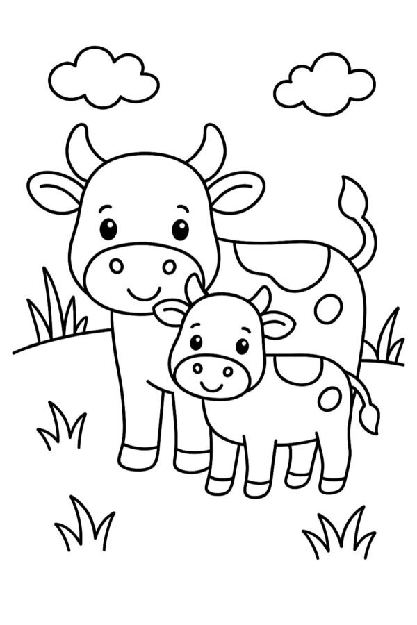2–3 Yaş Çocuklar İçin İnek ve Buzağı Boyama Sayfası — PDF indir, yazdır ve boya