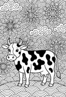 Desenli arka planlı detaylı inek boyama sayfası