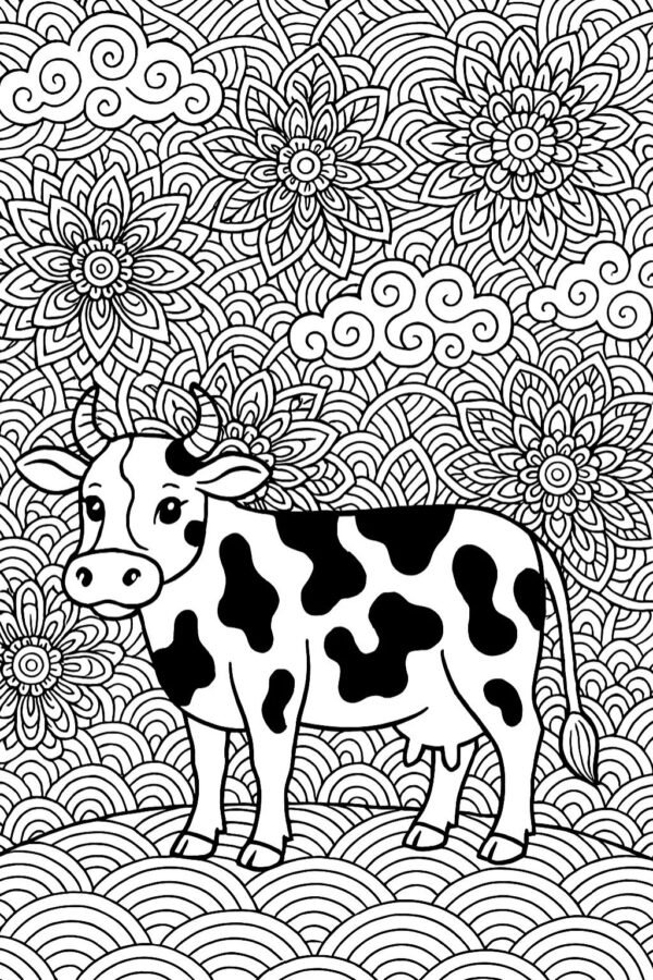 Desenli arka planlı detaylı inek boyama sayfası