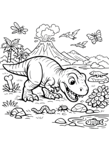 Volkan ve doğa manzarasında sevimli T-Rex dinozor boyama sayfası